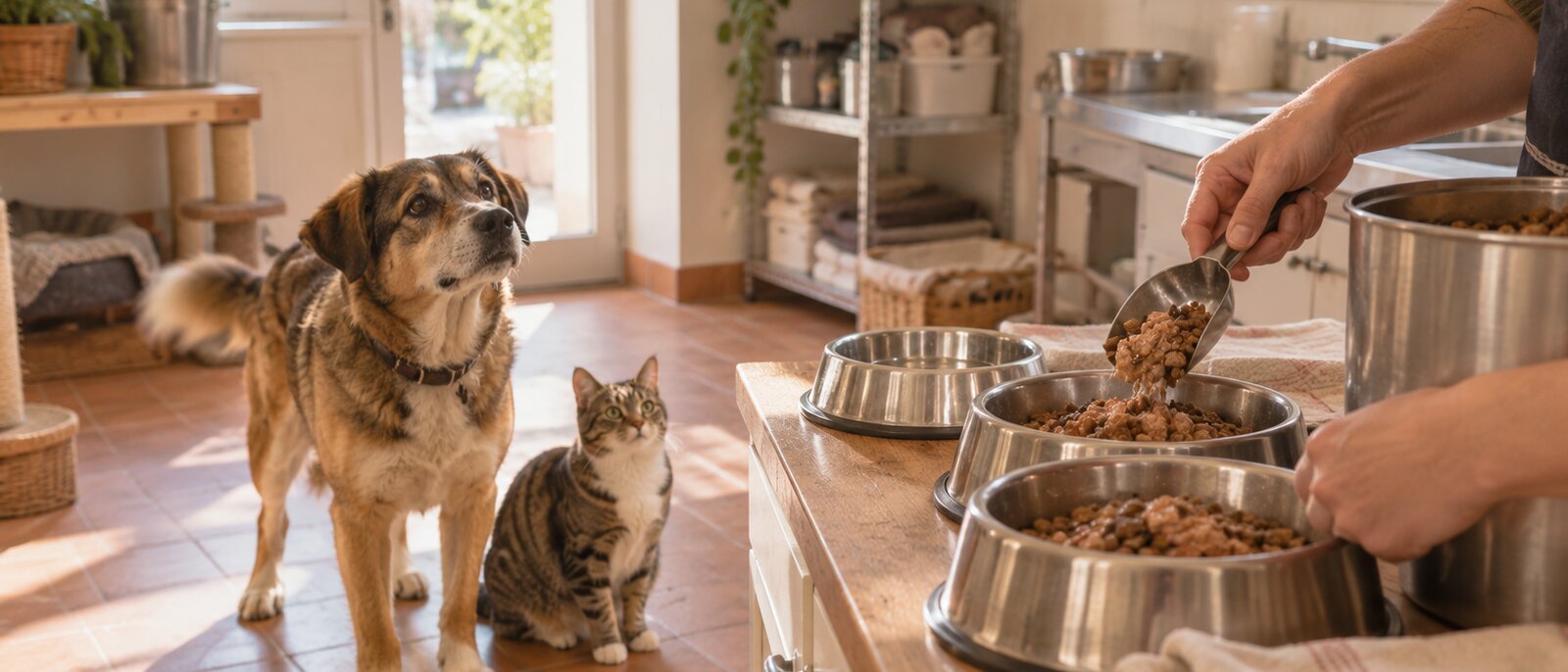 Hund und Katze warten, während frisches Futter in ihre Näpfe gefüllt wird